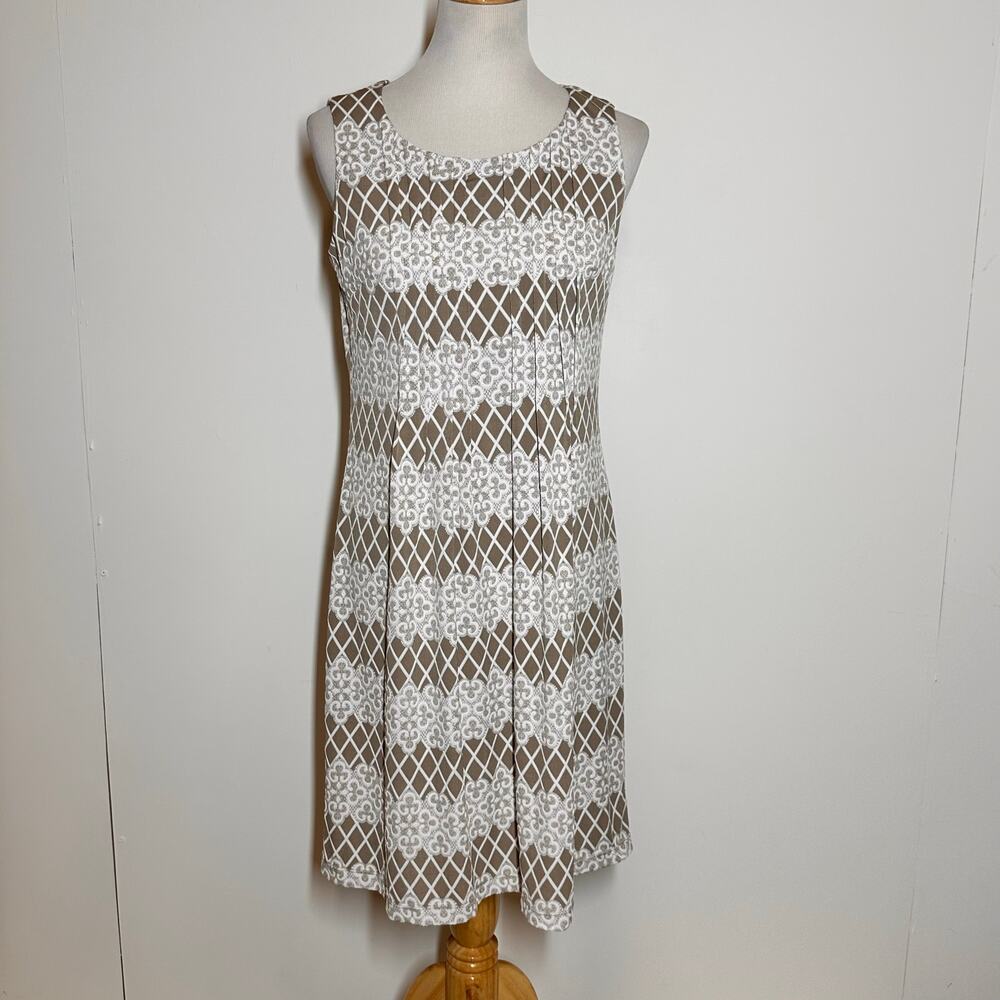 Perceptions Taupe Cream Pleated Sleeveless Stretch Dress Sz S